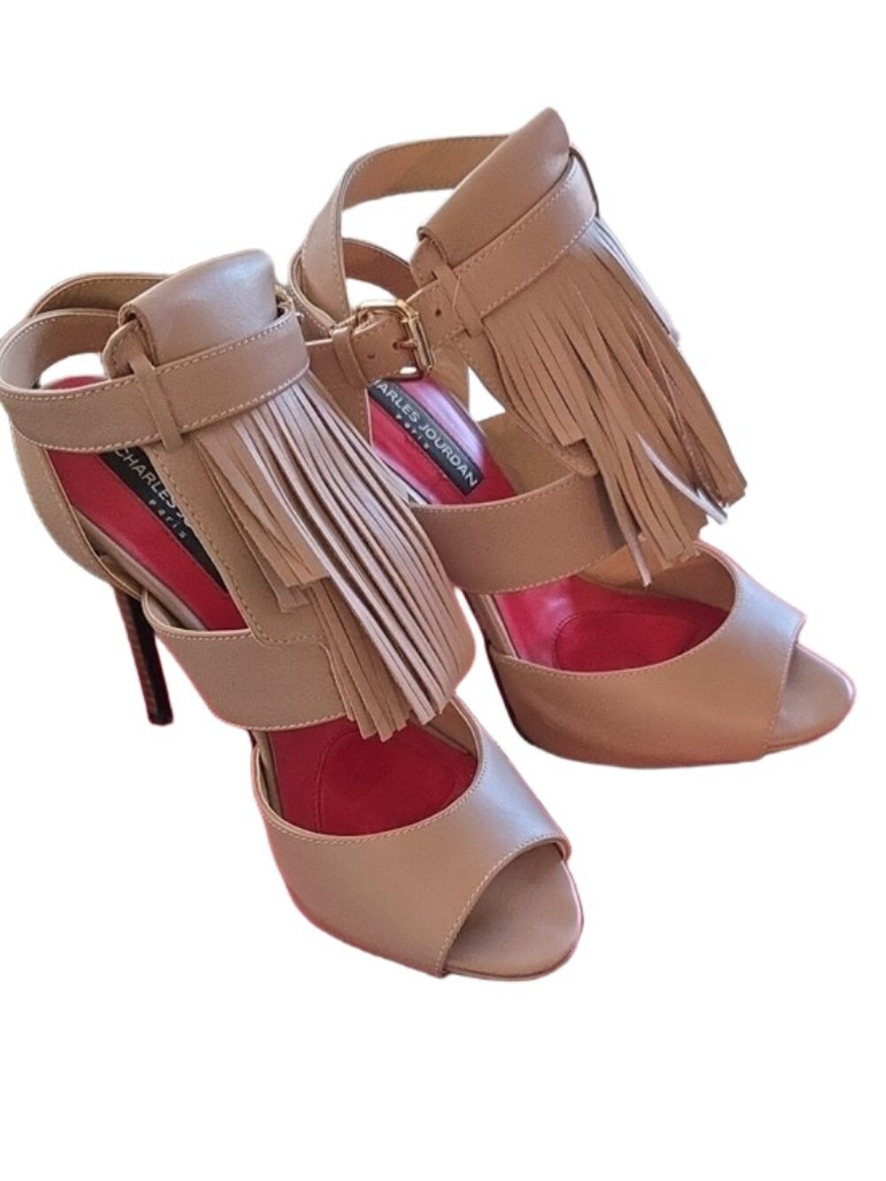 Charles Jourdan Paris Oates Nude Leather Fringe Peep Toe Sandals GUC - 7